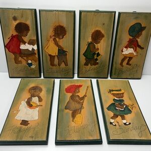 Vintage Folk Art Children Days of The Week Wooden Wall Decor